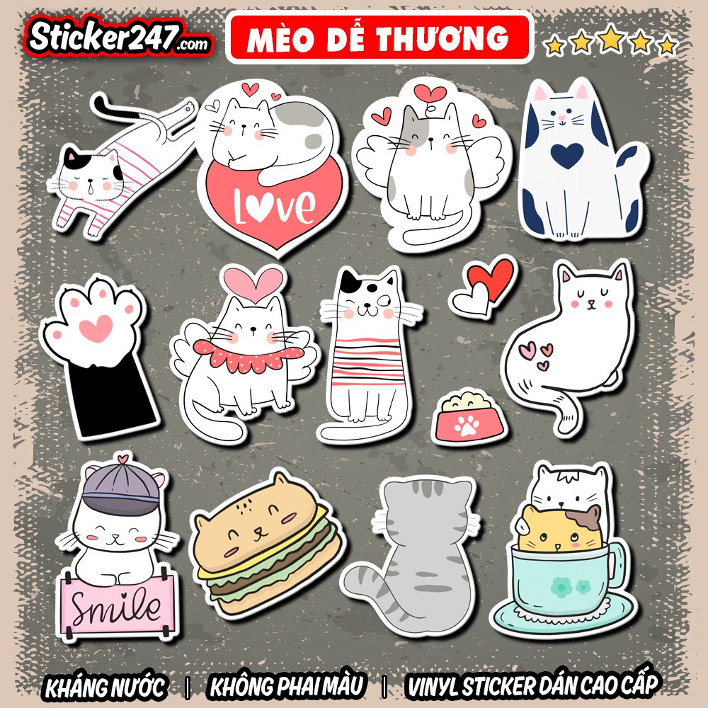 Sticker Mèo Dễ Thương Cute 🌈Freeship chống nước, sticker dán laptop, điện thoại, đàn guitar, mũ bảo hiểm, vali, ipad