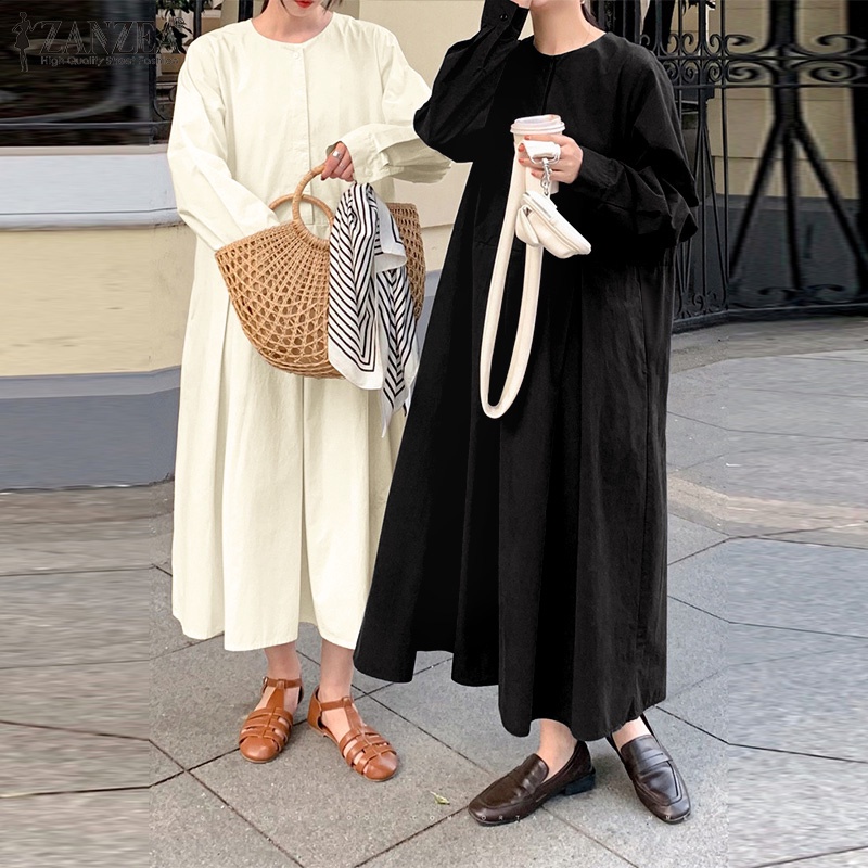 Đầm maxi Zanzea tay dài cài nút màu trơn thời trang cho nữ