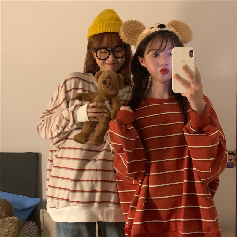 Korean unisex casual striped sweater round neck pullover ulzzang loose（3 colors） | BigBuy360 - bigbuy360.vn