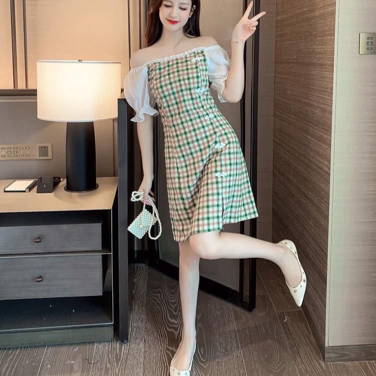 Summer split skirt Plaid cheongsam waist straight French dress | BigBuy360 - bigbuy360.vn