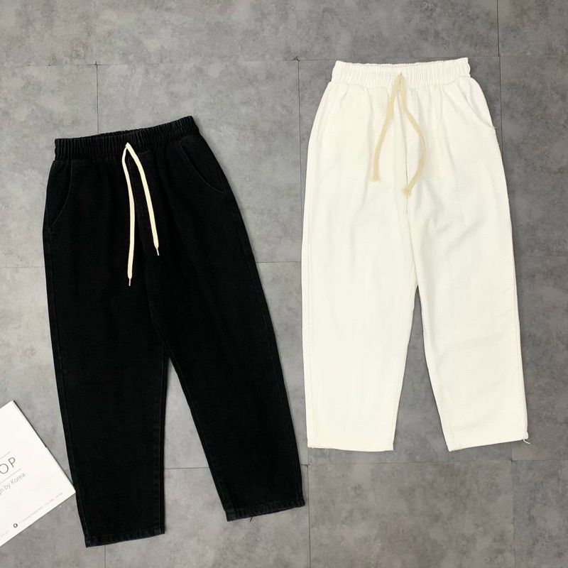 Quần jean trắng đen dáng baggy ống rộng cạp chun