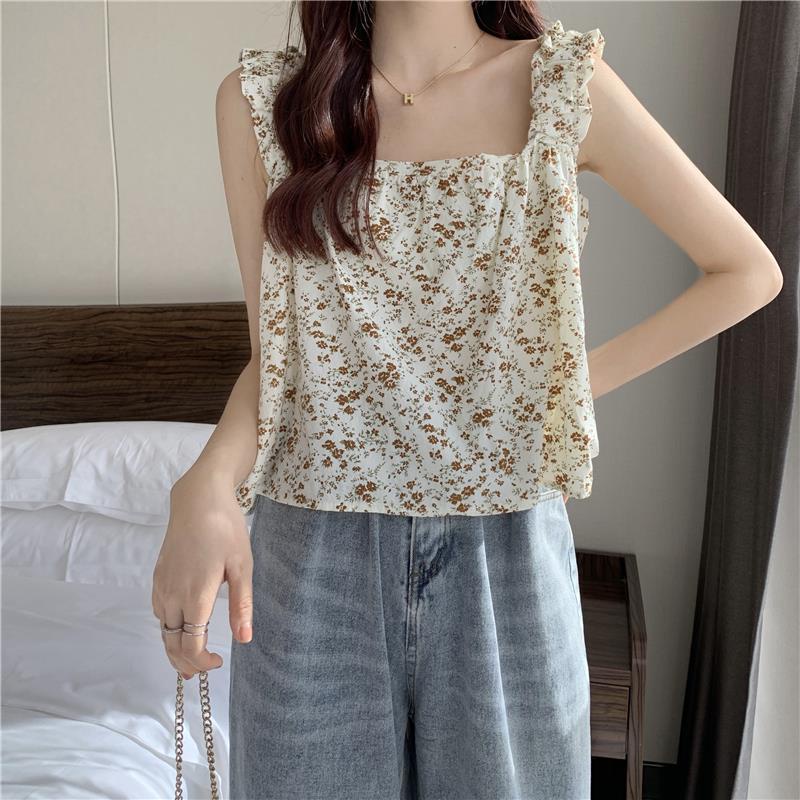 Áo Thun Không Tay Dáng Rộng Họa Tiết Hoa Xinh Xắn Cho Nữ