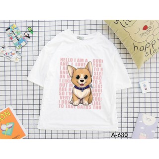 Áo Thun Nam Nữ Tay Lỡ Unisex Phông Trơn Oversize Form Rộng Basic Tee Hình chó corgi cười