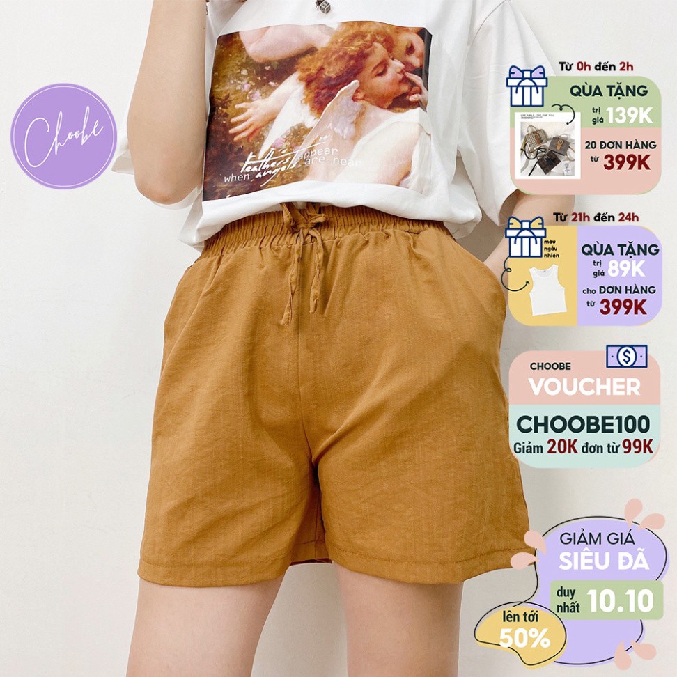 Quần đùi nữ Choobe vải đũi cao cấp short cạp chun năng động thoáng mát QS06