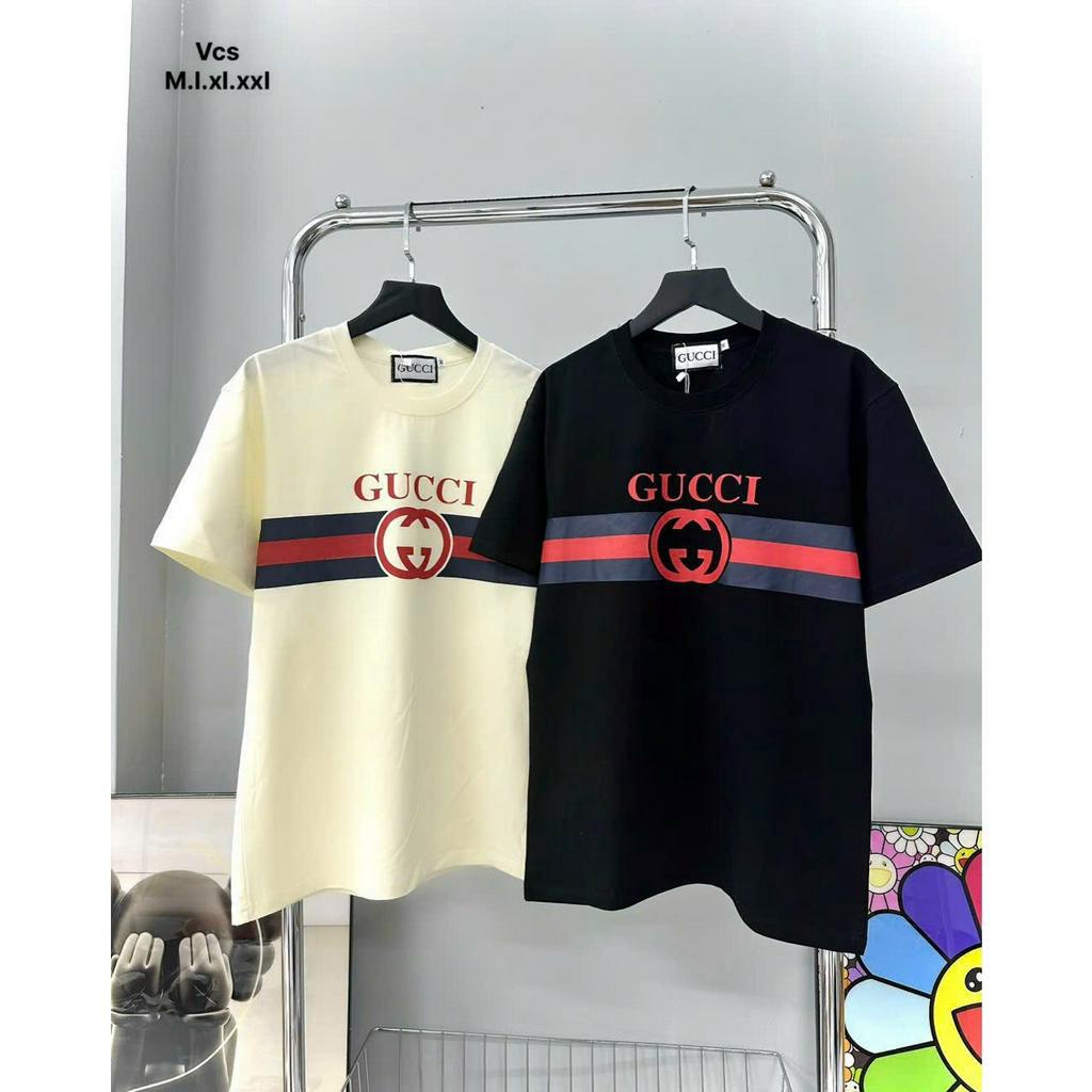 Áo THUN GU,C Nam Siêu Cấp Họa Tiết Sọc Xanh Đỏ Thời Trang Nam Hai Màu Đen Trắng