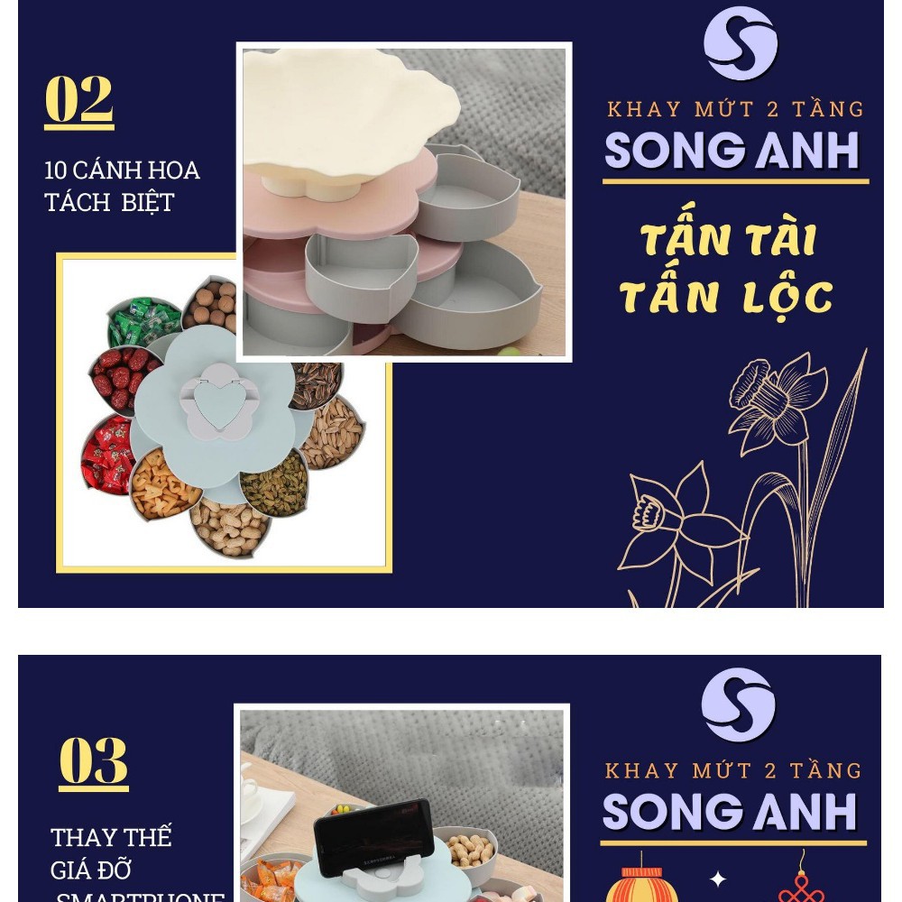 Khay Mứt Xoay, Hộp Đựng Mứt Tết Bánh Kẹo Mẫu Mới 2021 Song Anh 2 Tầng 10 Canh Hoa Có Rãnh Để Điện Thoại Màu Xanh