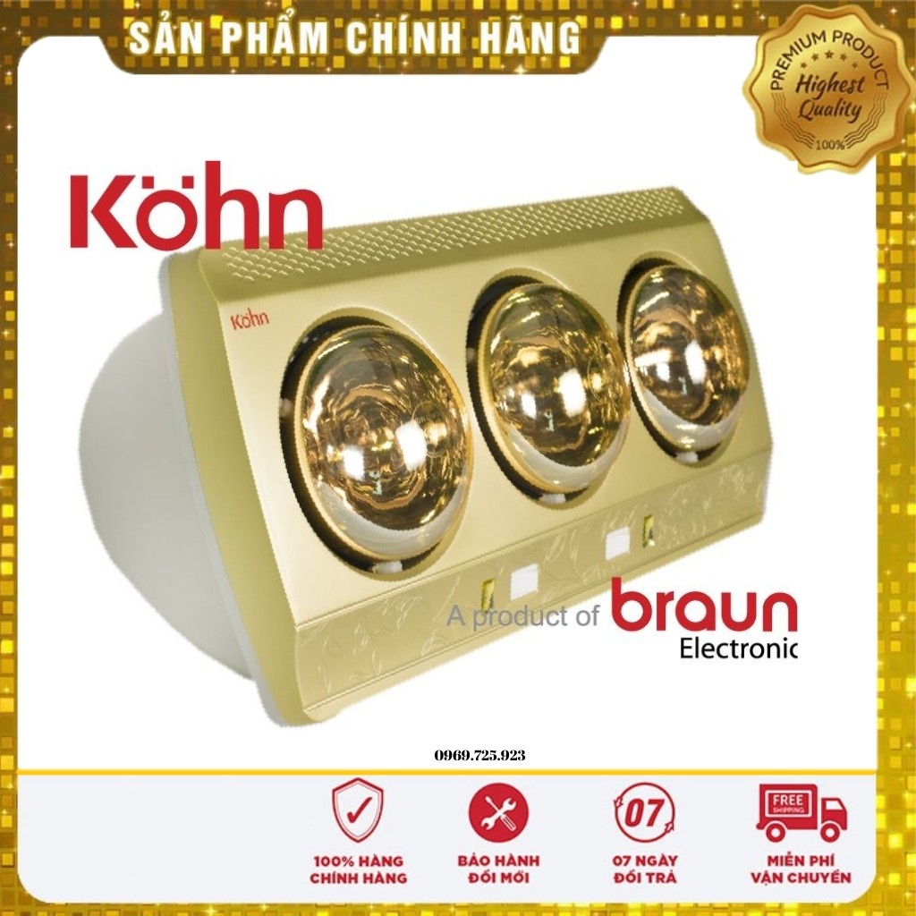 ⚡Sẵn Hàng⚡Đèn Sưởi Nhà Tắm 3 Bóng- Braun Kohn- Dùng cho phòng 4-6m2- Công suất 825w- Bảo hành 5 năm