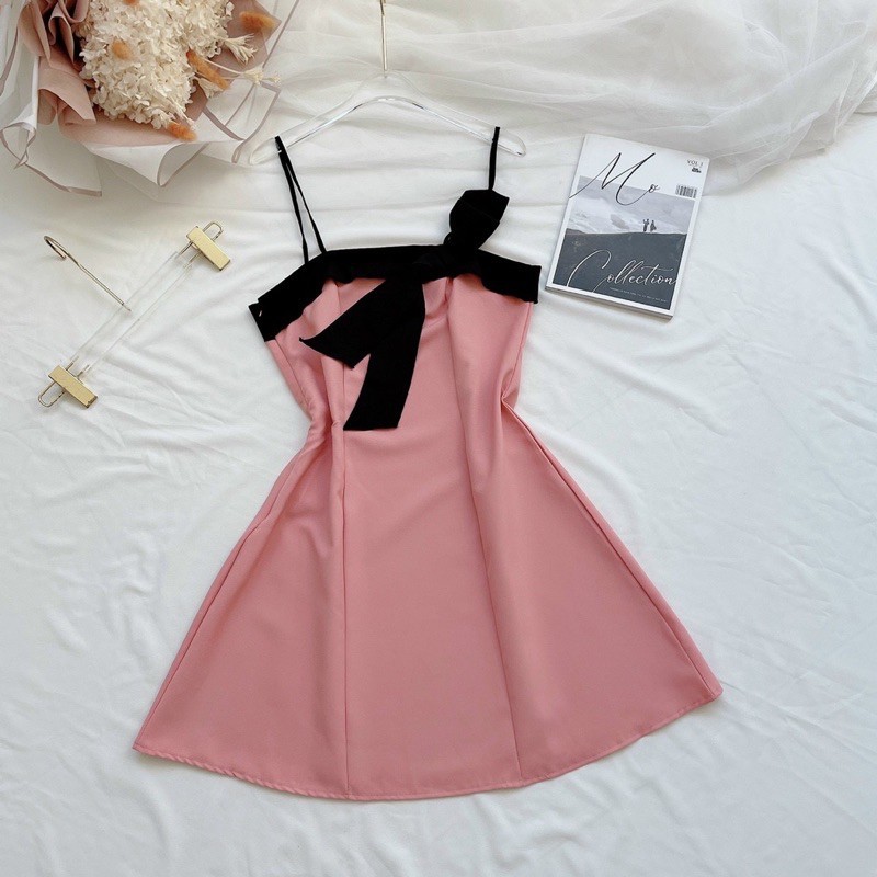 Đầm 2 dây phối màu nơ kute chất vải Tuyết Mưa Free Size 40-50kg dành cho nữ | BigBuy360 - bigbuy360.vn