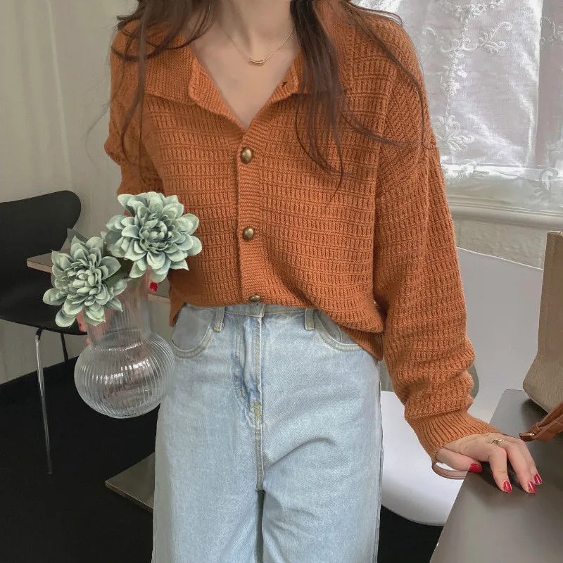 Áo Khoác cardigan Tay Dài Cổ Bẻ Form Rộng Phong Cách retro size Lớn Cho Nữ