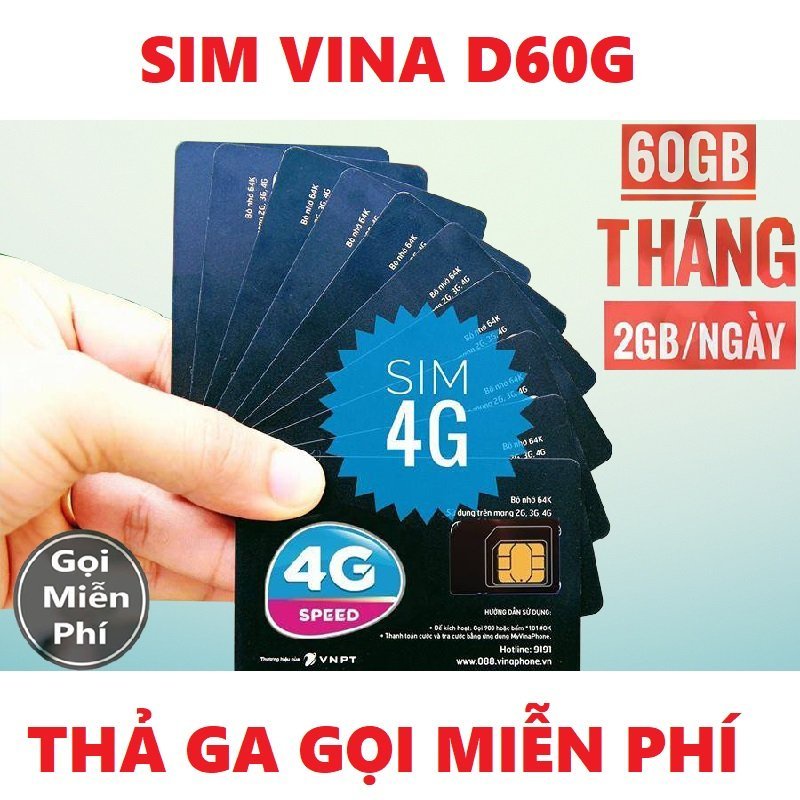 Sim Vina gói D60G trọn gói 1 2GB/ngày, 1500 phút nội mạng và 50 phút ngoại mạng/tháng
