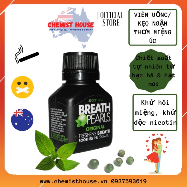 [Hàng chuẩn Úc] Kẹo thơm miệng khử mùi Breath Pearls chiết xuất bạc hà hạt mùi