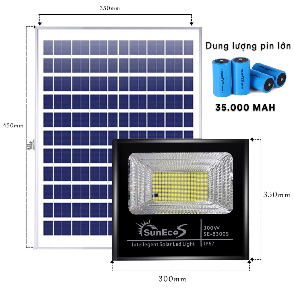 [Freeship] Đèn năng lượng mặt trời 300W Suneco, vỏ nhôm đúc nguyên khối, chống nước IP67, Bảo hành 24 tháng