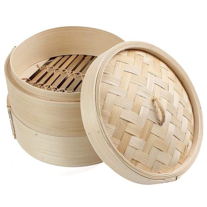 Bộ Nồi Hấp 2 Tầng 8 Inch Bằng Tre Có Nắp Đậy Tiện Dụng