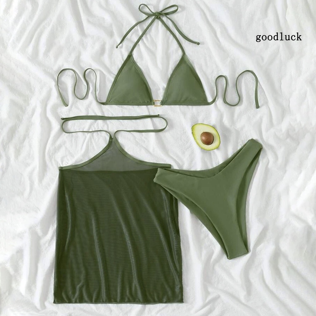 Bộ Đồ Bơi 3 Mảnh Hở Lưng Màu Trơn Thời Trang Cho Nữ