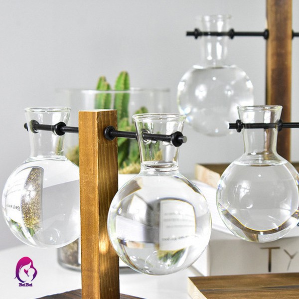 Bộ bình hoa thủy tinh hình bóng đèn kèm giá đỡ bằng gỗ để bàn trang trí cho văn phòng tiện dụng