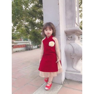 Áo dài nhung tay ren đính hạt cho bé hàng y hình