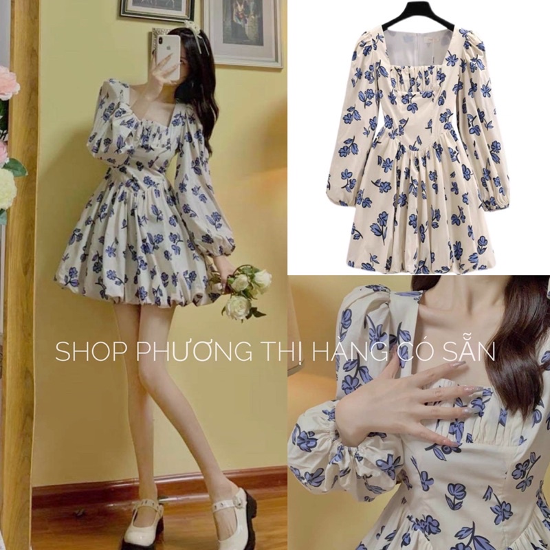 Váy hoa nhí cổ vuông tay bồng hoạ tiết bông hoa xanh ulzzang (hàng sẵn)