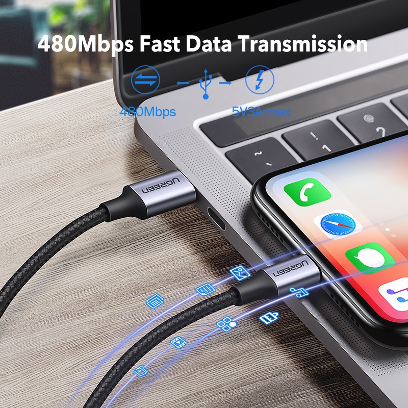 Cáp sạc nhanh UGREEN MFI Bradied USB C 20W PD thích hợp cho iPhone 14 / 14 Max / 14 Pro / Pro Max