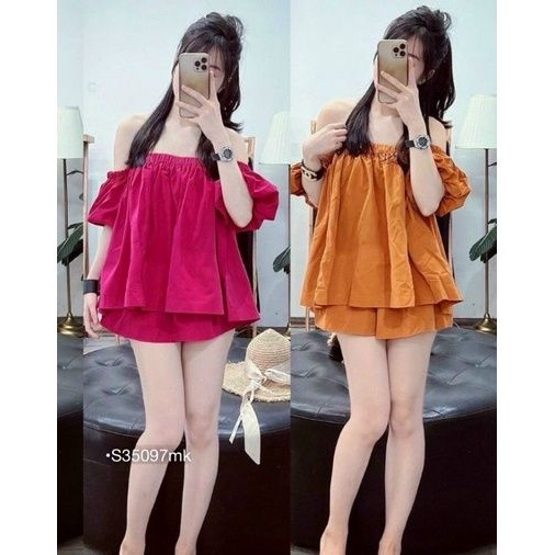 Set Babydoll Nữ Bánh Bèo Trễ Vai, Set Áo Bẹt Vai Tay Phồng Dáng Rộng Bigsize Kèm Quần Đùi Vải Thô Lụa Mịn Mát