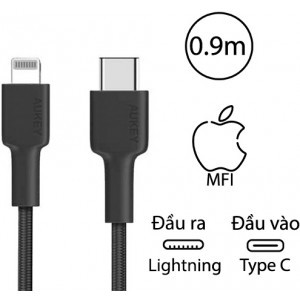 Cáp Sạc Nhanh iPhone 12 Series cổng C to Lightning Aukey CB-CL3 0,9m MFi, Hổ trợ sạc PD 22W, Bện Nylon 2 Lớp