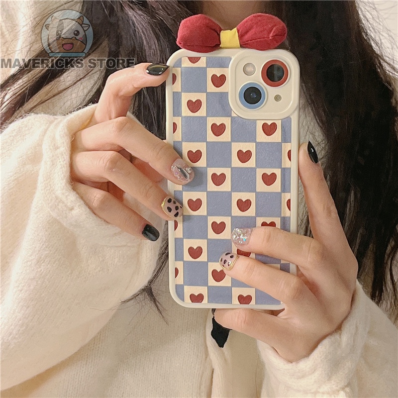 Ốp Điện Thoại Hình Trái Tim Thắt Nơ Sọc Caro Màu Đỏ Cho iPhone 12/11Pro Max X XS XR SE 13 7P 8plus