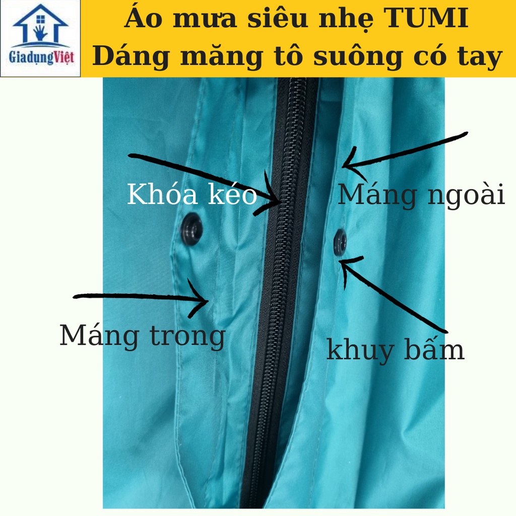 Áo mưa măng tô TUMI NEW siêu nhẹ nam nữ chống thấm, dáng suông, tay dài, có mũ, khóa kéo kèm khuy bấm tiện lợi