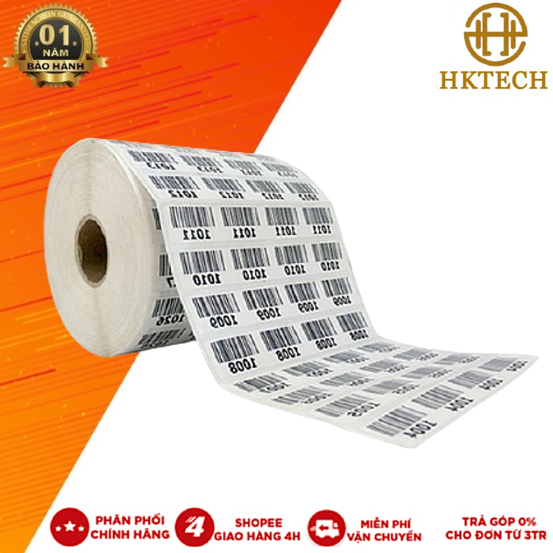 Giấy in mã vạch khổ 25x15 mm, 4 tem/hàng, cuộn 50m, giấy in mực