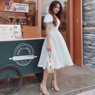 Đầm dự tiệc váy xoè xếp li eo 2 màu (kèm hình thật)