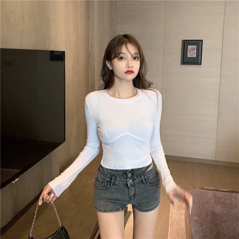 Áo Thun crop top Tay Dài Ôm Ngực Phong Cách Âu Mỹ Mẫu Mới 2021 Thời Trang Cho Nữ
