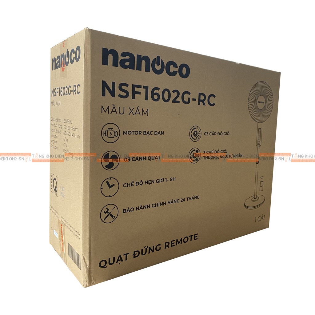 Quạt đứng Nanoco NSF1602G-RC - Có điều khiển. Motor dây đồng, vòng bi đạn bạc