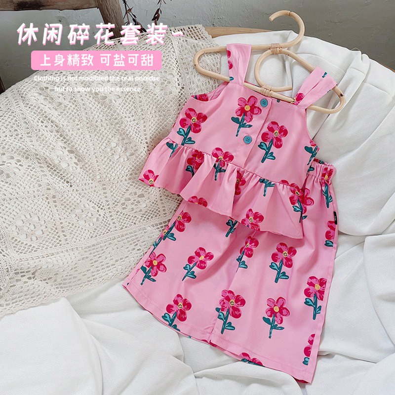 Bộ Áo Hai Dây In Hoa + Chân Váy Ngắn In Hoa Thời Trang Mùa Hè Hàn Quốc Dành Cho Bé Gái
