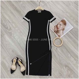 Váy ôm cộc tay xẻ tà chất zip cotton
