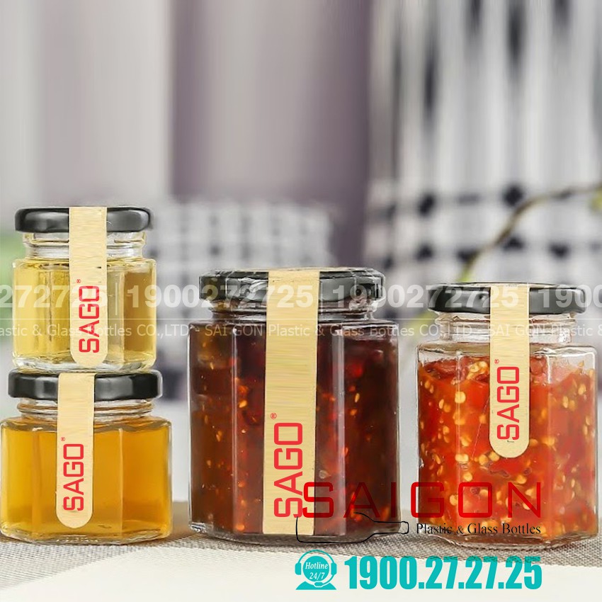 Hũ Thủy Tinh Gia vị Lục Giác Nắp Thiết | Tùy Chọn Dung Tích và Màu Nắp