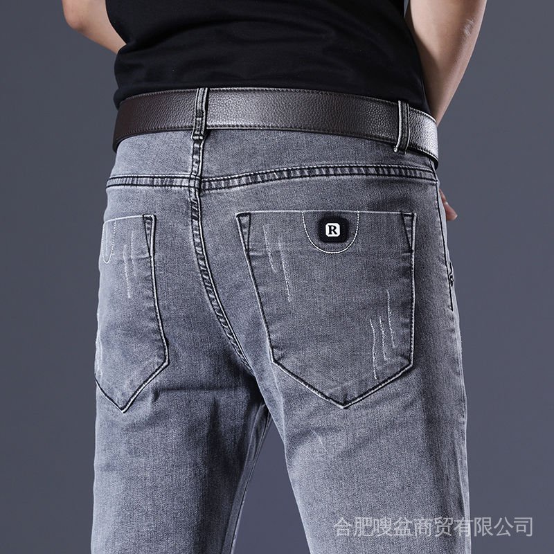 Autumn fleece-lined thickened retro gray jeans men's slim-fit trendy skinny pants men's Korean-style stretch pants