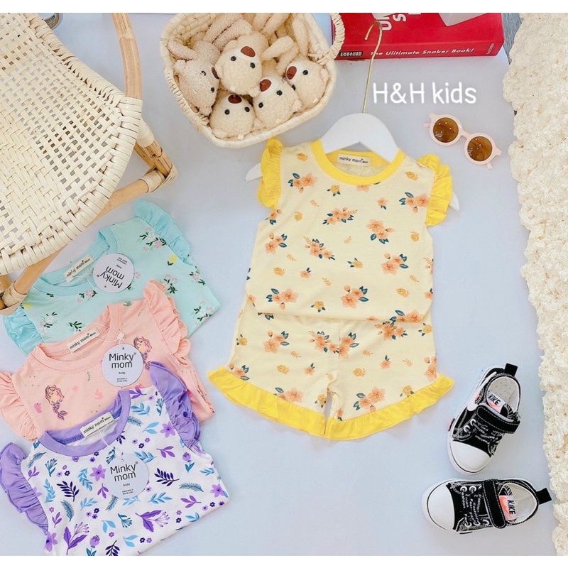 NT080 Bộ cộc thun lạnh Minky Mom tay cánh tiên quần bèo cho bé gái hoạ tiết hoa nhí