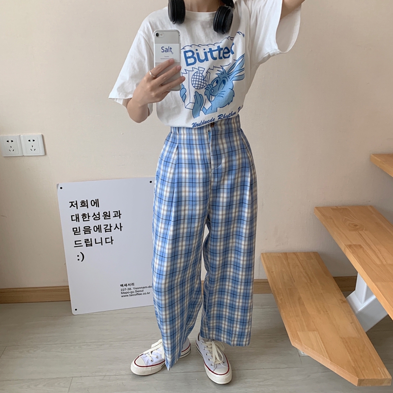 SUXI Quần Dài Nữ Ống Rộng Họa Tiết Caro Thời Trang Cá Tính