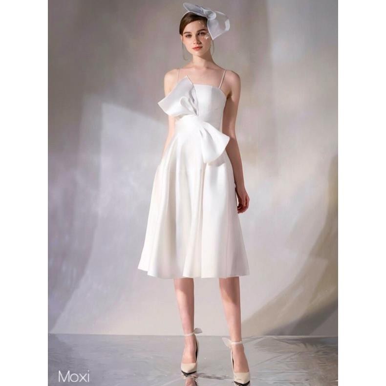 Đầm trắng hai dây xoè phi lụa sang trọng dự tiệc dạ hội [HÀNG THIẾT KẾ CAO CẤP]