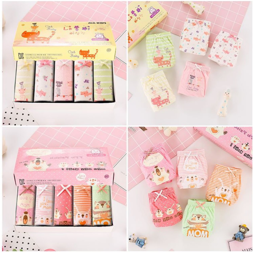 Combo 5 Quần chip cho bé gái in hình Love mom chất liệu cotton phong cách Hàn Quốc