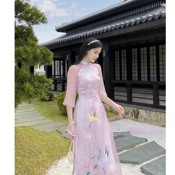 Áo dài cách tân tơ oganza 4 tà kết chim đào màu phớt hồng áo dài cách tân kết đính MS14