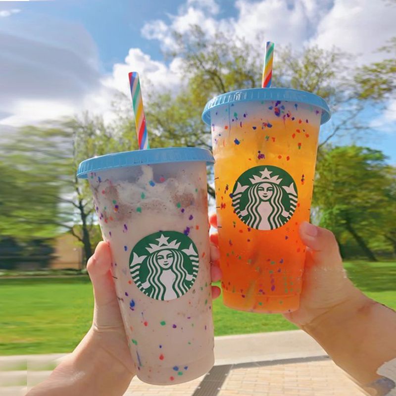 Ly Nhựa Uống Nước Starbucks Có Nắp Và Ống Hút Thay Đổi Màu Sắc Có Thể Tái Sử Dụng 24 Oz