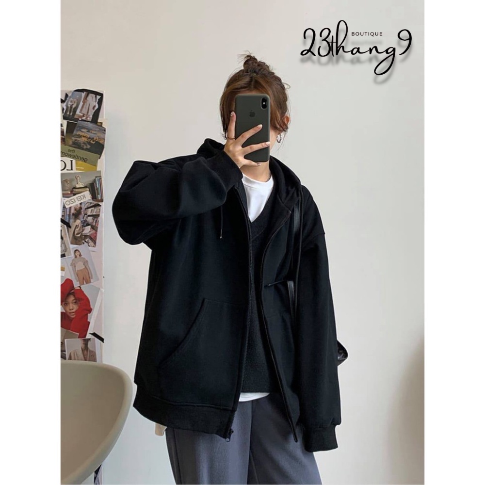 Áo khoác nỉ hoodie áo khoác nỉ trơn nam nữ tay phồng form rộng zip basic unisex phong cách ulzzang đi phố 23thang9 | BigBuy360 - bigbuy360.vn