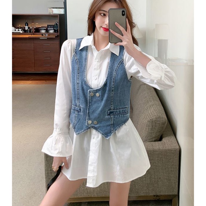 Set váy sơ mi dáng ngắn tay bồng xòe mix áo gile HV702