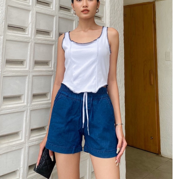 Quần short jean giấy nữ ngắn đẹp lưng cao cạp chun trơn hàng hiệu cao cấp mã 351 VANIZEN