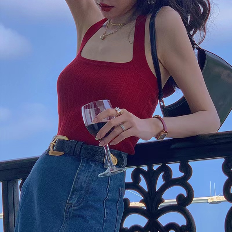 Áo Hai Dây Dệt Kim Màu Đỏ Phong Cách Retro Thời Trang Mùa Hè Cho Nữ