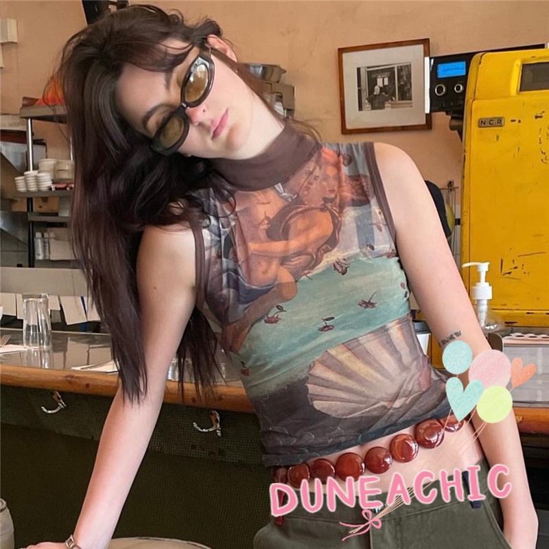 DUNEA Áo Tank Top Cổ Tròn In Họa Tiết Nghệ Thuật Phong Cách Đường Phố Cho Nữ