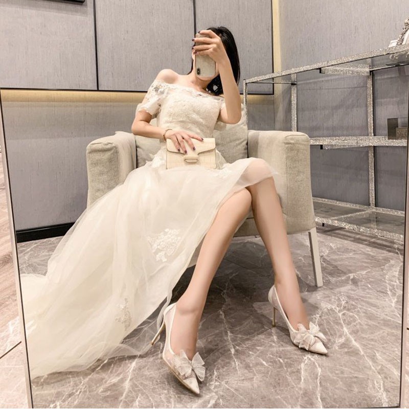 SWEETC Giày cao gót của phụ nữ Rhinestone Bowknot Ren nhọn Giày cưới Cô dâu Phù dâu Giày cao gót