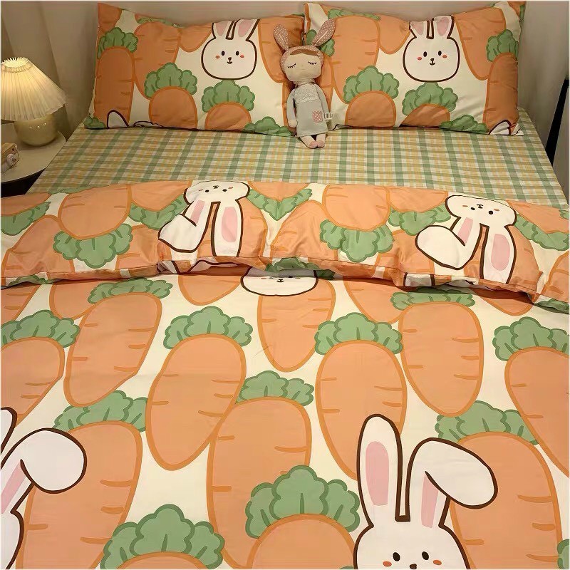 Bộ chăn ga Cotton Poly M2T bedding chăn ga Hàn Quốc thỏ ăn cà rốt đủ size miễn phí bo chun