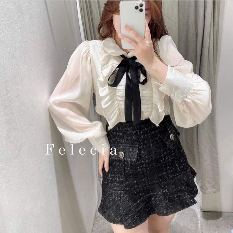 Set áo voan cổ sen nơ cổ mix chân váy bố