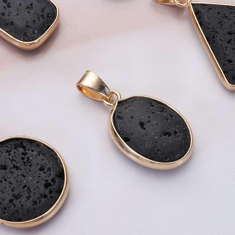 NIUYOU Mặt Dây Chuyền Đá Lava Đen Hình Oval