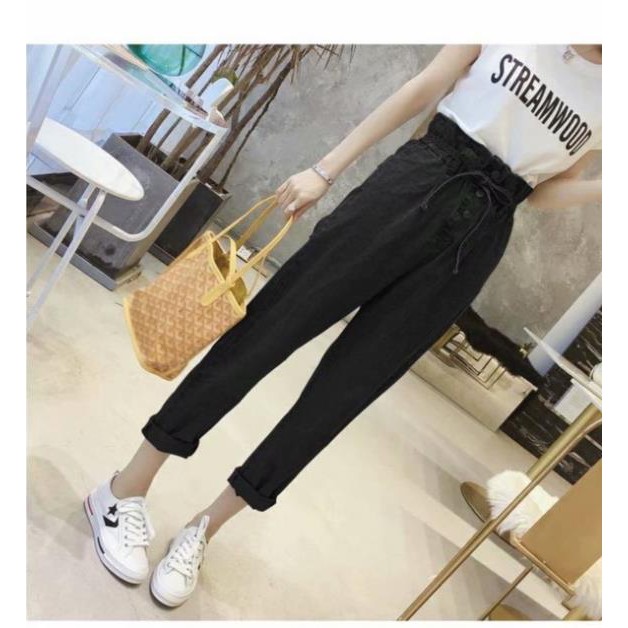 [ sẵn ] Quần jean lưng cao lưng thun thắt nơ ulzzang có size bigsize / quần kích thước lớn , ' ,